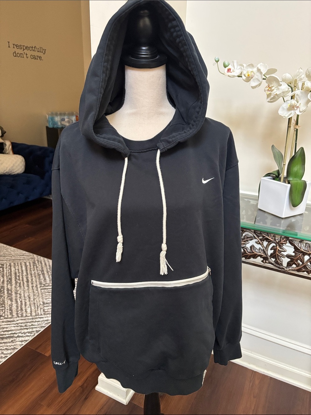 Nike Black Hoodie with White Drawcords and Zip Trim size XL